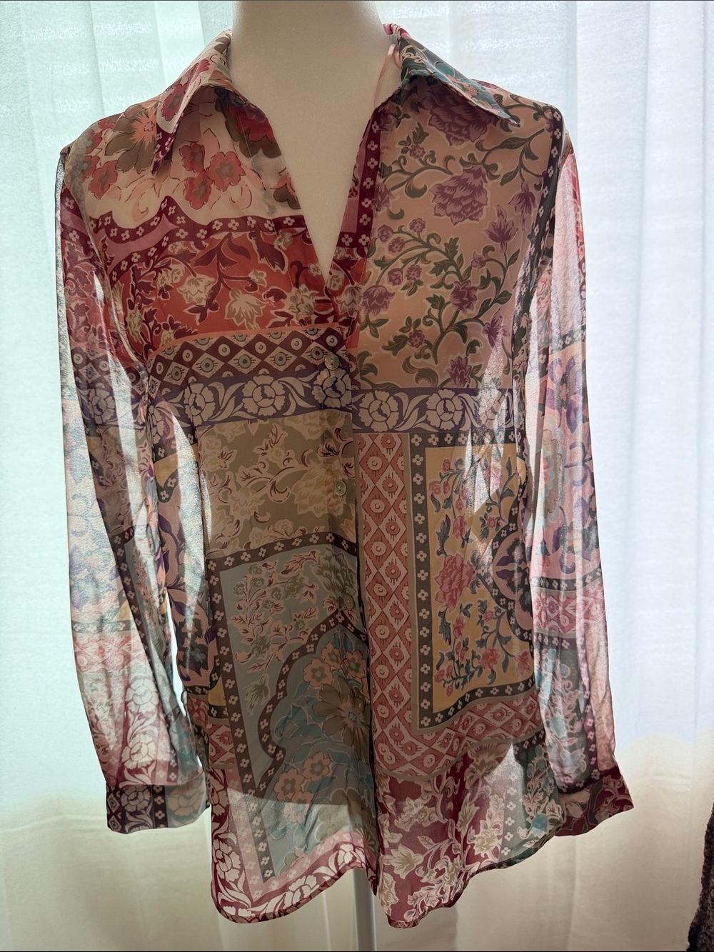 Zara Sheer Patchwork Floral Button-Up Blouse in Burgundy and Green